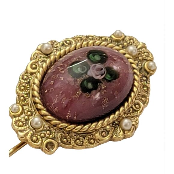 1928 Brand Gold Tone Rose Glass Art Glass Stick Lapel Pin, K45 - Picture 3 of 9